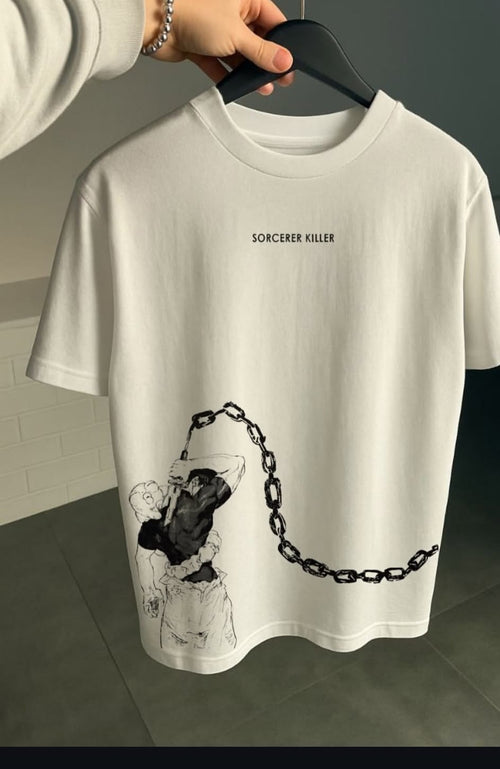 Oversized White Graphic T-Shirt – Chain Art Print Streetwear Tee (Unisex)