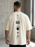 Oversized Off-White Spiritual Graphic T-Shirt – Lotus & Trishul Back Print Tee (Unisex Streetwear)