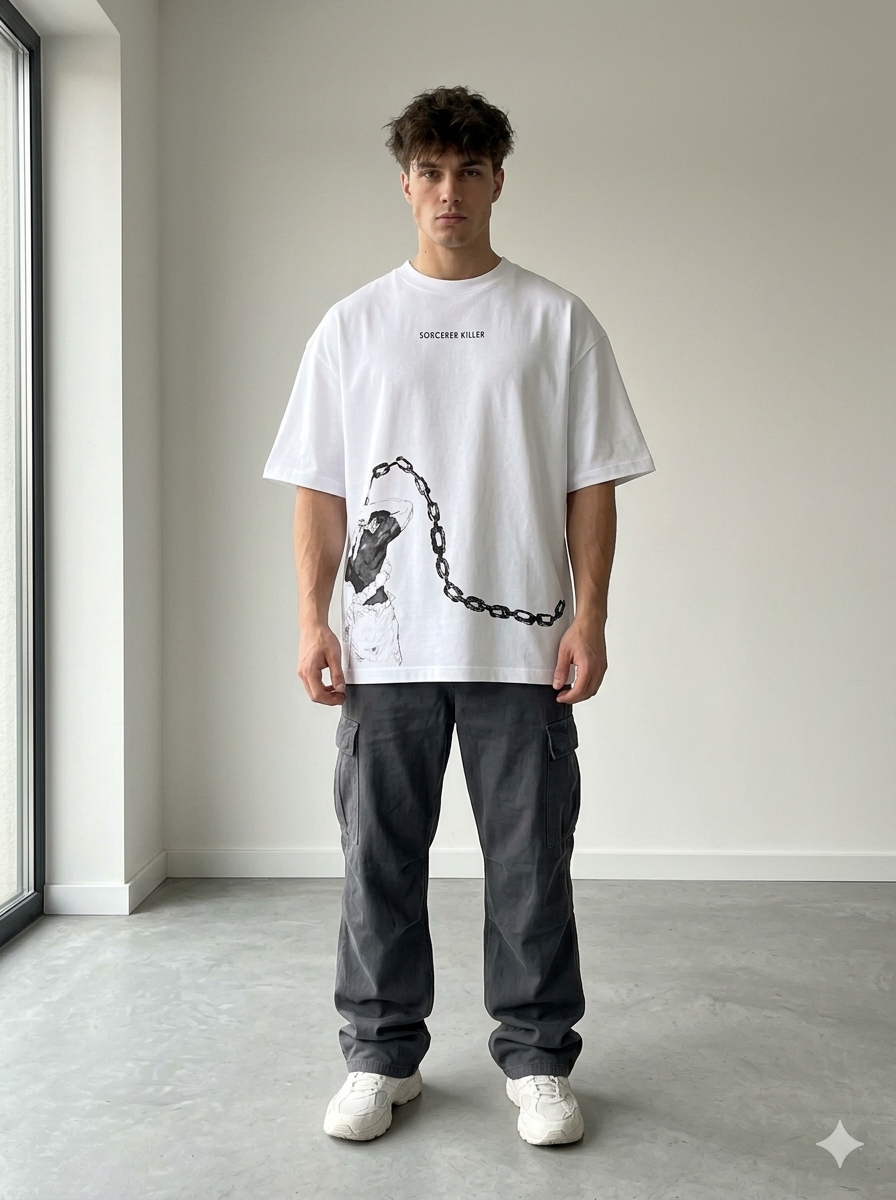 Oversized White Graphic T-Shirt – Chain Art Print Streetwear Tee (Unisex)